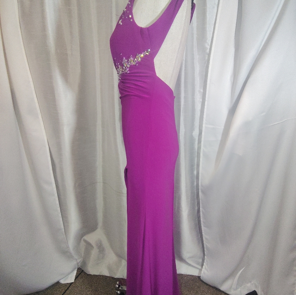 Cache Designer Sheath Dress,One Shoulder Purple, Jeweled Beads, Leg Slit, Long 0 - Picture 9 of 16